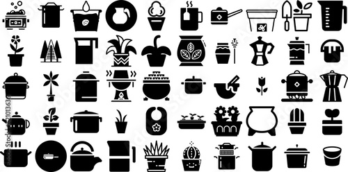 Huge Set Of Pot Icons Set Solid Simple Pictograms Hanger, Icon, Silhouette, Tool Symbol Vector Illustration
