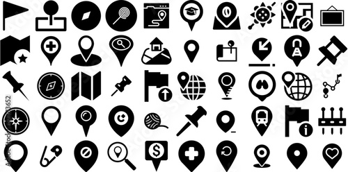 Mega Collection Of Pin Icons Set Hand-Drawn Isolated Concept Silhouettes Symbol, Icon, Circus, Pointer Symbols For Apps And Websites