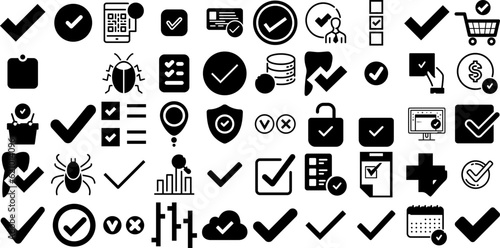 Mega Collection Of Tick Icons Bundle Hand-Drawn Linear Concept Elements Yes, Ok, Icon, Symbol Pictograms Vector Illustration