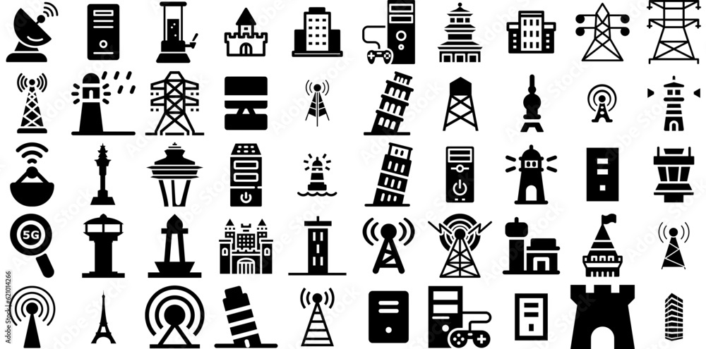 Big Collection Of Tower Icons Collection Isolated Drawing Symbol Icon ...