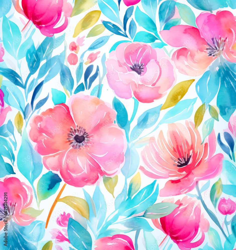Fototapeta premium Watercolor floral pattern, pink and turquoise, in the style of loose watercolor paint.