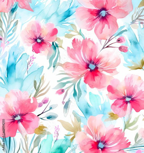 Watercolor floral pattern  pink and turquoise  in the style of loose watercolor paint. 