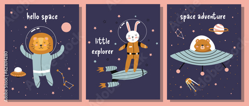 Set of cute greeting cards with space animals.  Collection of postcards with bunny, bear, lion, planets, stars, spaceships. Vector illustration, hand drawn style. Space theme, children's illustration.