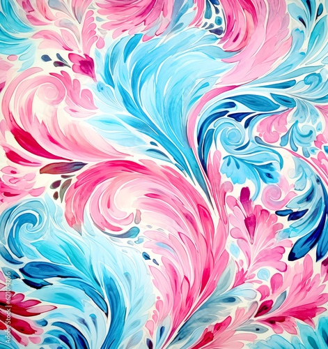 Watercolor floral pattern, pink and turquoise, in the style of loose watercolor paint. 