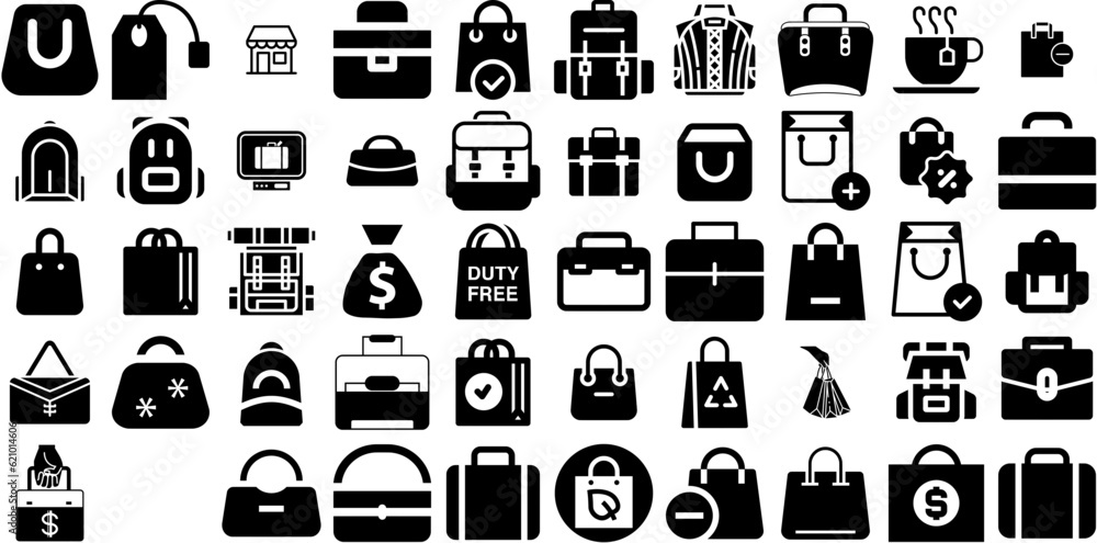 Mega Collection Of Bag Icons Pack Hand-Drawn Isolated Simple Silhouette Silhouette, Goodie, Finance, Investment Pictograms Isolated On Transparent Background