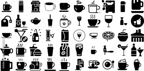 Massive Collection Of Drink Icons Pack Hand-Drawn Isolated Design Glyphs Infographic, Milk, Set, Sweet Symbol For Apps And Websites