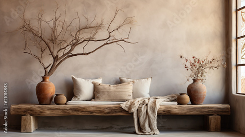 Stampa su tela Rustic aged wood tree trunk bench with pillows near stucco wall with dried twig decor