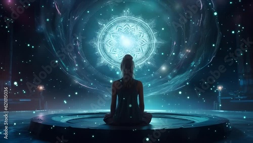 A woman practicing yoga in the lotus position. Magic universe