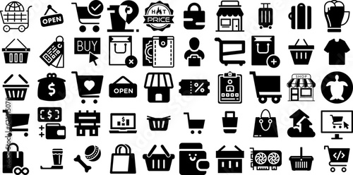 Huge Collection Of Shop Icons Pack Solid Drawing Pictograms Tool, Icon, Health, Open Buttons Isolated On Transparent Background photo