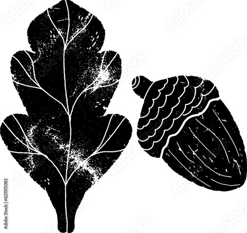 Acorn and oak leaf. Black vector grunge illustration in linocut style hand drawn. Element for design
