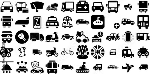 Big Collection Of Vehicle Icons Set Hand-Drawn Black Modern Symbol Holiday Maker, Coin, Wheel, Icon Doodles Isolated On Transparent Background