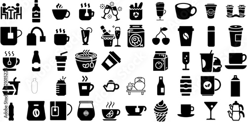 Mega Set Of Drink Icons Set Black Cartoon Silhouette Infographic, Milk, Sweet, Set Illustration Isolated On White Background