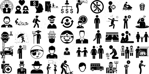 Massive Set Of Man Icons Set Hand-Drawn Linear Infographic Symbol Carrying, Silhouette, Profile, Workwear Symbol Isolated On White Background