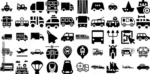 Mega Set Of Transport Icons Collection Hand-Drawn Isolated Concept Signs Icon, Garden, Ship, Symbol Silhouettes For Apps And Websites