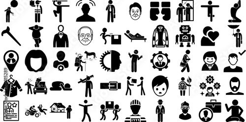 Massive Set Of Man Icons Collection Hand-Drawn Linear Simple Glyphs Workwear, Profile, Silhouette, Carrying Signs Isolated On White Background