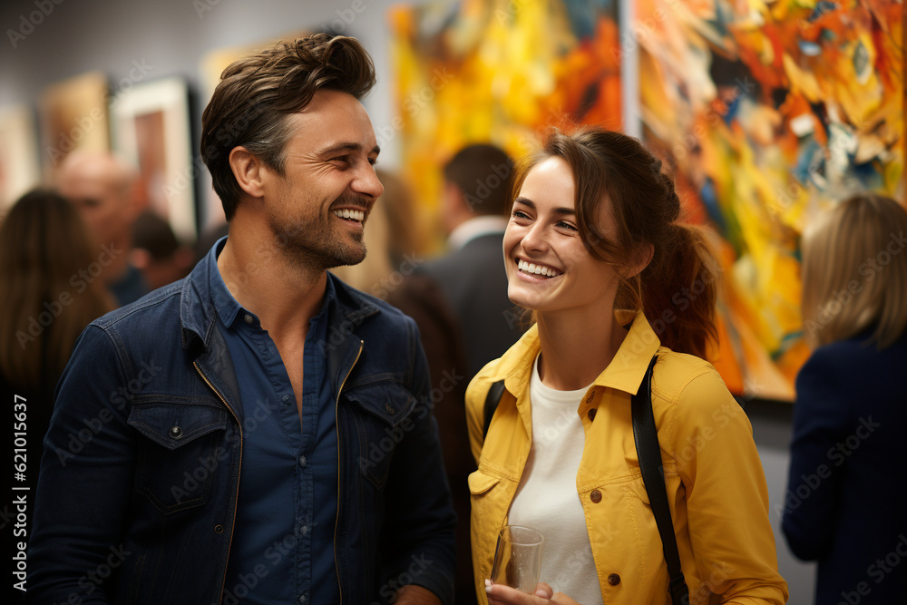 Visitors on exhibition of paintings. Generative AI