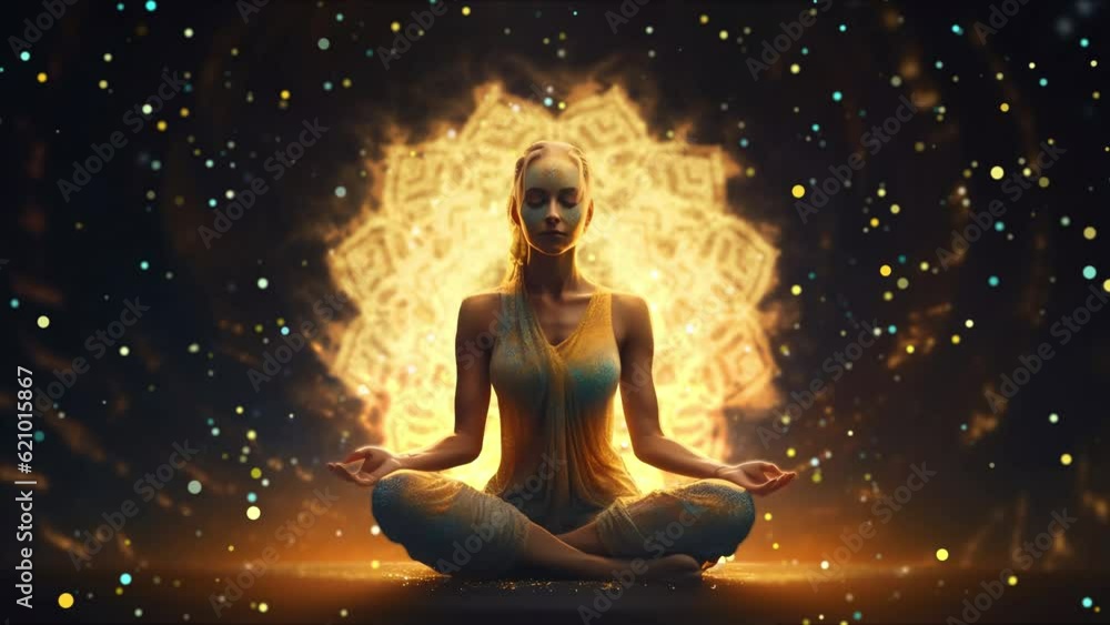 Woman meditating in lotus position. Animated mandala Woman meditating in lotus position. Animated mandala