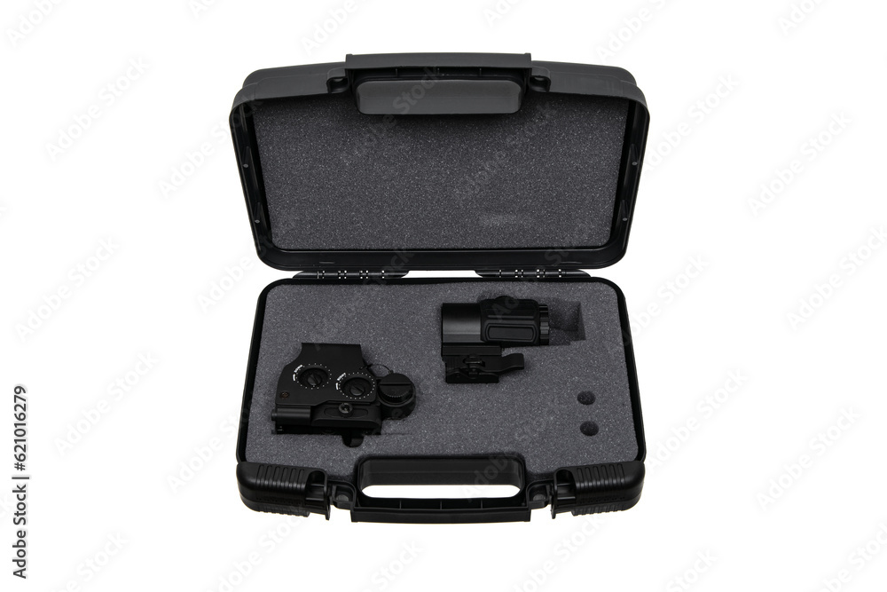 Modern optical collimator sight with magnifier. Aiming device for shooting at short distances. Isolate on a white back. Modern optical collimator sight with magnifier. Aiming device for shooting at short distances. Isolate on a white back.