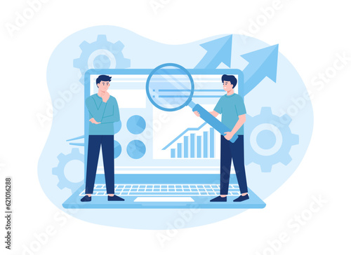 Businessman analyzing graph with magnifying glass trending concept flat illustration