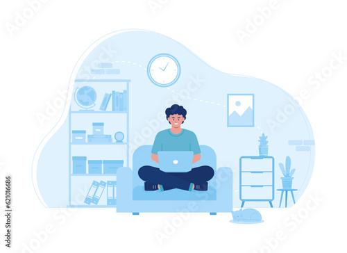 Remote working, A man work from home sitting on sofa trending concept flat illustration