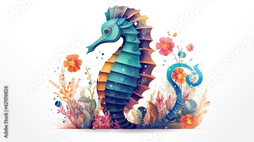 An ink seahorse illustration that was utilized for kids product and label design. made using generative AI tools