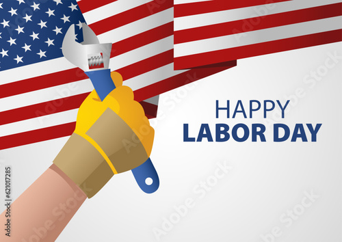 Hand holding a wrench on USA flag, for Labor Day poster or greeting card template, vector illustration