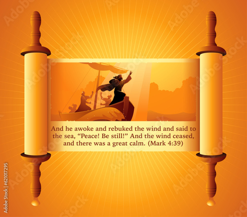 Foto Jesus calms the storm illustration on old scroll, biblical vector illustration s