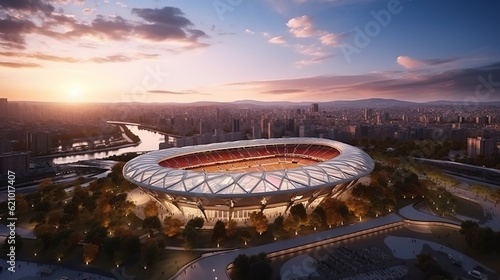 aerial view of modern soccer stadium with city around in sunset, Generative AI