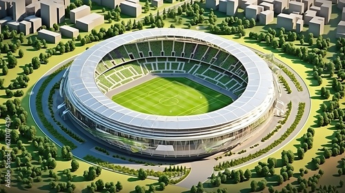 Fotografiet aerial view modern soccer stadium with trees and park, Generative AI