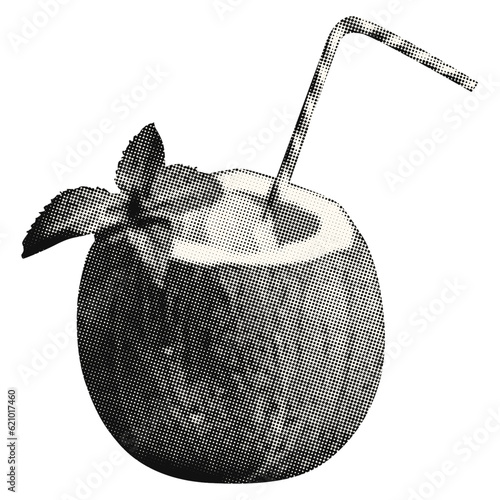 cocktail in coconut isolated with ice and mint leaves with straw retro halftone dotted texture grunge collage element