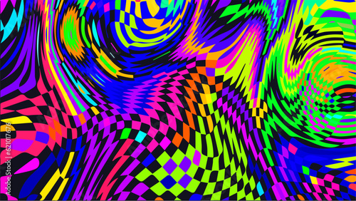 Distorted twisted checkered background. Trippy strip psychedelic pattern.
