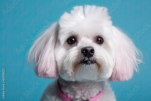Creative grooming. White poodle dog with pink haircut. Generative AI.