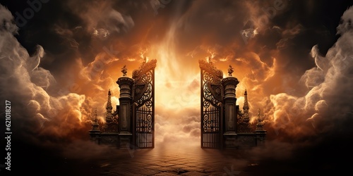 AI Generated. AI Generative. Baroque heaven inner space gate. Religion architecture temple entrance god sun meet fantasy gothic vibe. Graphic Art