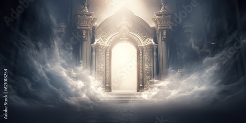 AI Generated. AI Generative. Baroque heaven inner space gate. Religion architecture temple entrance god sun meet fantasy gothic vibe. Graphic Art