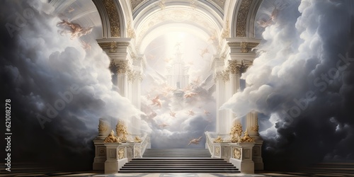 AI Generated. AI Generative. Baroque heaven inner space gate. Religion architecture temple entrance god sun meet fantasy gothic vibe. Graphic Art