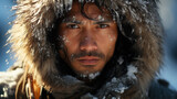 Portrait of an Inuit man with a furry snow-covered hood.