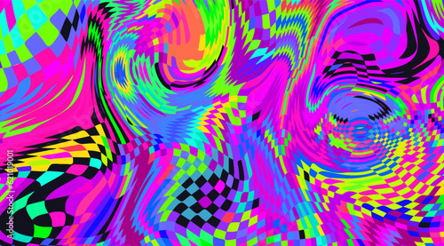Distorted neon checkered pattern. Abstract euphoria. Hallucination in consciousness