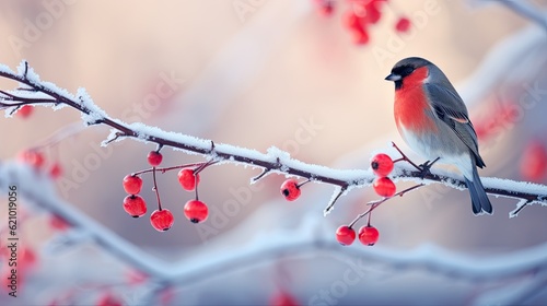 A small bird perched on a branch of a tree. Generative AI. Wintertime or Christmas greeting card design.
