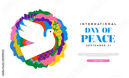 International day of peace colorful diverse people faces together and dove