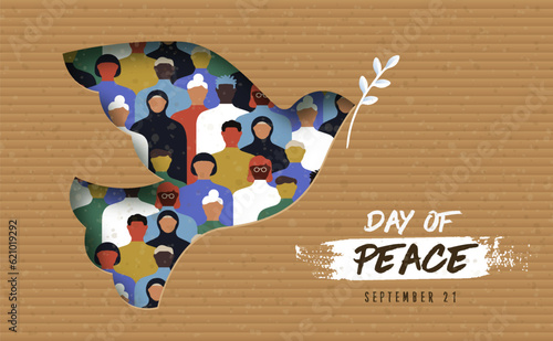 International day of peace vector card, paper cut dove symbol with people group