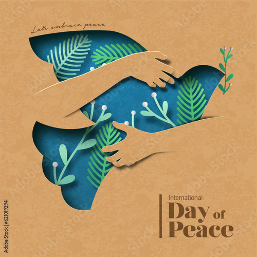 International day of peace paper cut hug dove concept vector card illustration