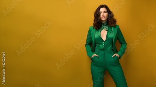 Stylish confident plus size plump girl attractive model in green suit on yellow background, hands in pockets, ai generated © OlgaChan