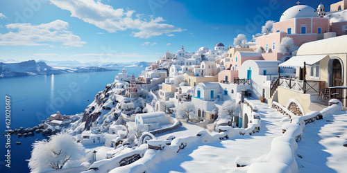 A view of a snow covered town on a cliff. Generative AI. Imaginary greek village in Santorini island in winter under snow.