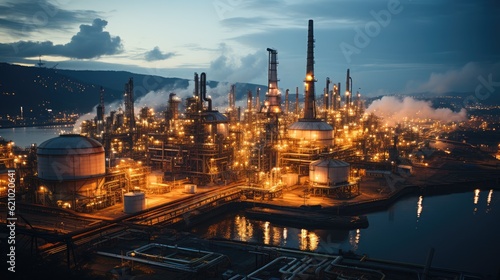 photograph of modern oil refinery during evening