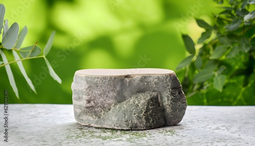 green Background for cosmetic products, green leaves, Natural stone and concrete podium in Natural green background for Empty show for packaging product presentation, Mock up the pedest, generated ai photo