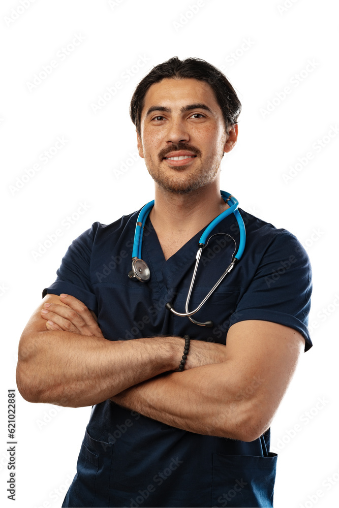 Smiling Asian doctor in uniform with stethoscope isolated on white background Smiling Asian doctor in uniform with stethoscope isolated on white background