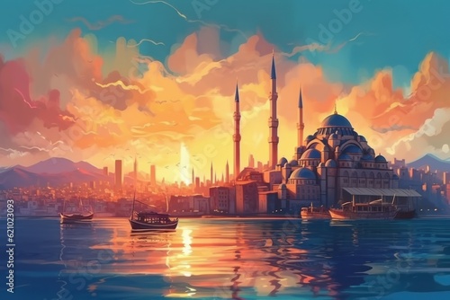 Sunset landscape in Istanbul, Turkey - mosque, ships, birds, watercolor style. Generative AI © happy_finch
