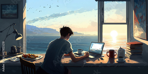 ai generated illustration man working at computer desk with sea resort window view