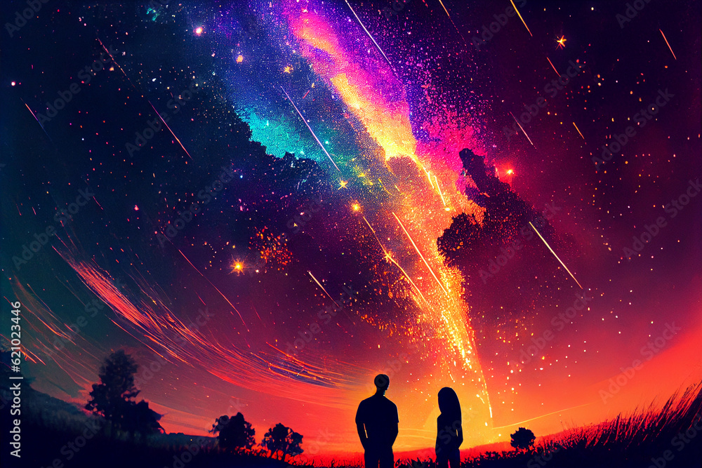 A couple in love against the background of the night sky with stars and cosmic dust in the universe looks at the milky way. Digital art, a landscape with gradient stars among a colorful galaxy