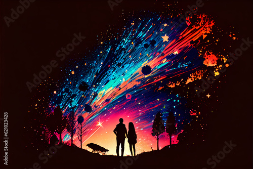 A couple in love against the background of the night sky with falling comet and cosmic dust in the universe. Digital art  a landscape with stars among a colorful galaxy.